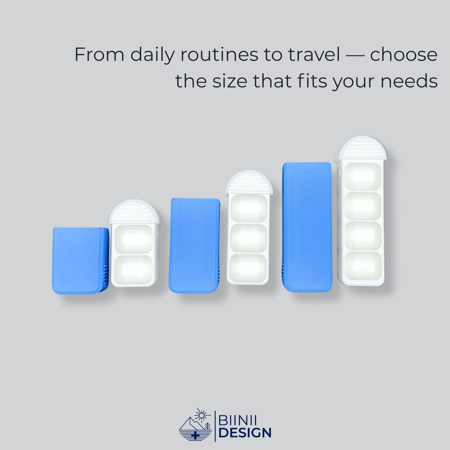 Blue-and-white pillboxes with 2, 3 and 4 compartments, Swiss-made compact pill organizers for daily medication, vitamins or supplements.
Keywords: pill organizer, pillbox, pill case, pill holder, daily pillbox