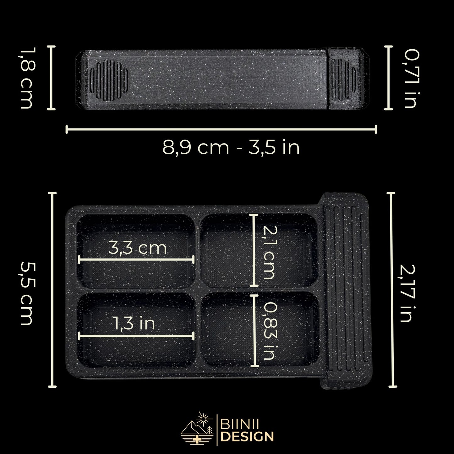 Dimensions of 4-compartment artistic pillbox in galaxy black — compact Swiss-made case for supplements or daily meds.
Keywords: 4-compartment pillbox size, galaxy black pill organizer, daily pill case, compact vitamin box
