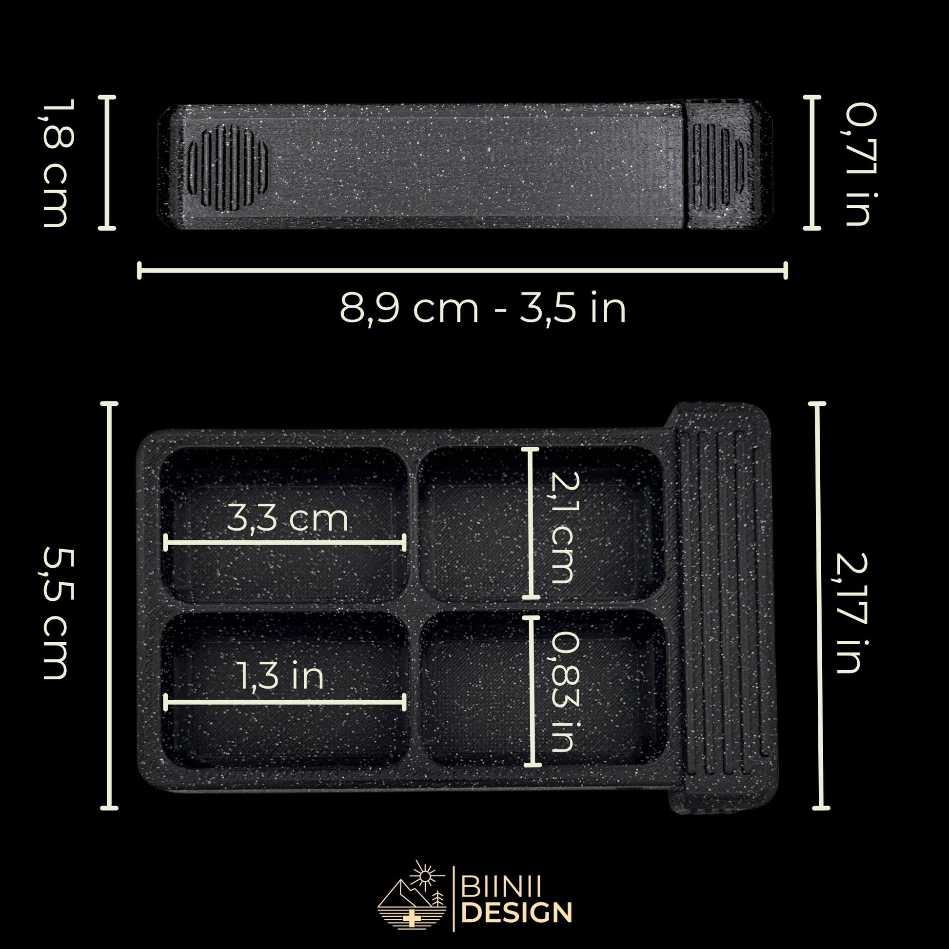 Dimensions of 4-compartment artistic pillbox in galaxy black — compact Swiss-made case for supplements or daily meds.
