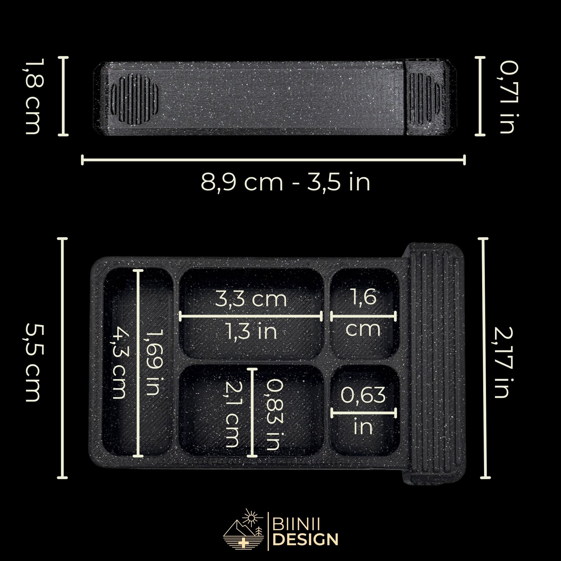 Dimensions of 5-compartment artistic pillbox in galaxy black — travel-ready case for supplements, vitamins, or medication.