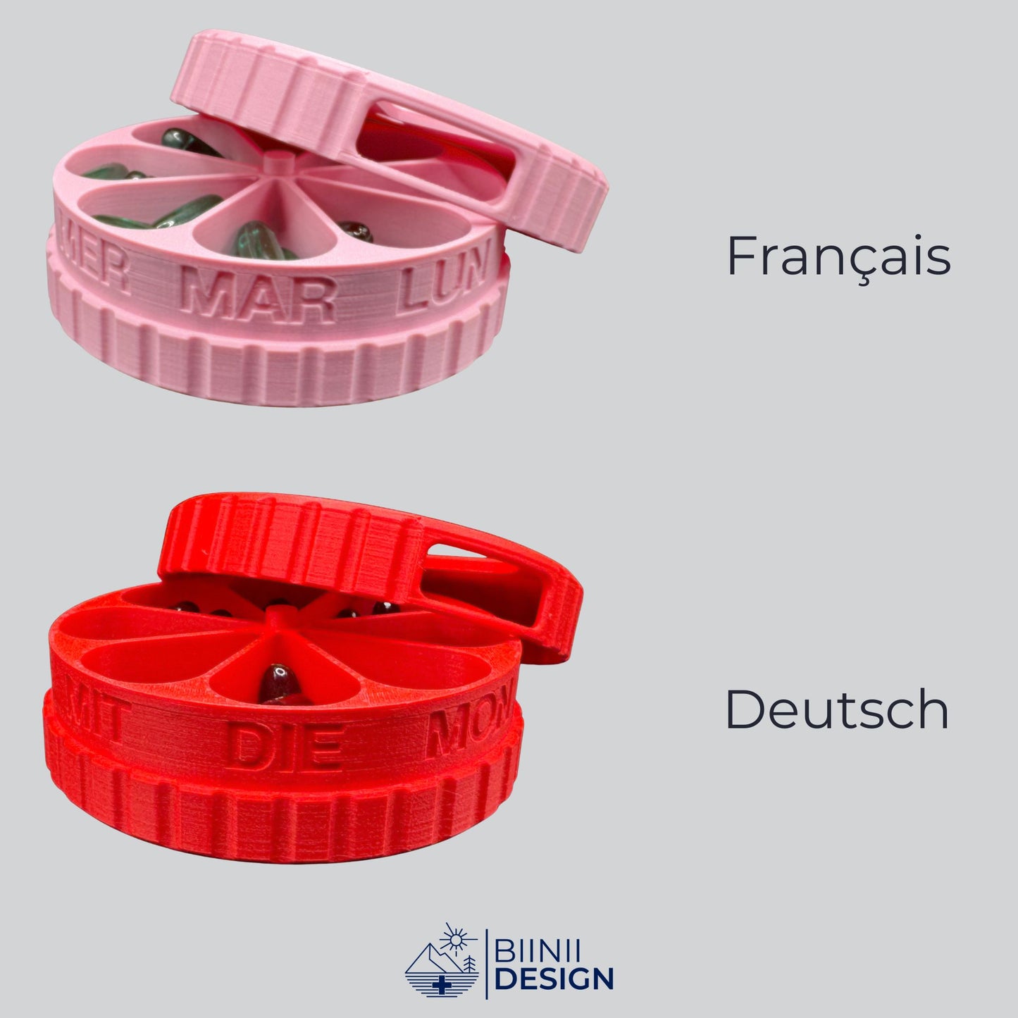 7-day pill organizer in French (Lu–Di) and German (Mo–So) versions, with magnetic rotating lid. Swiss-made, compact and customizable.
Keywords: 7 day pill organizer, French pill box, German pill case, weekly pillbox, Biinii Design