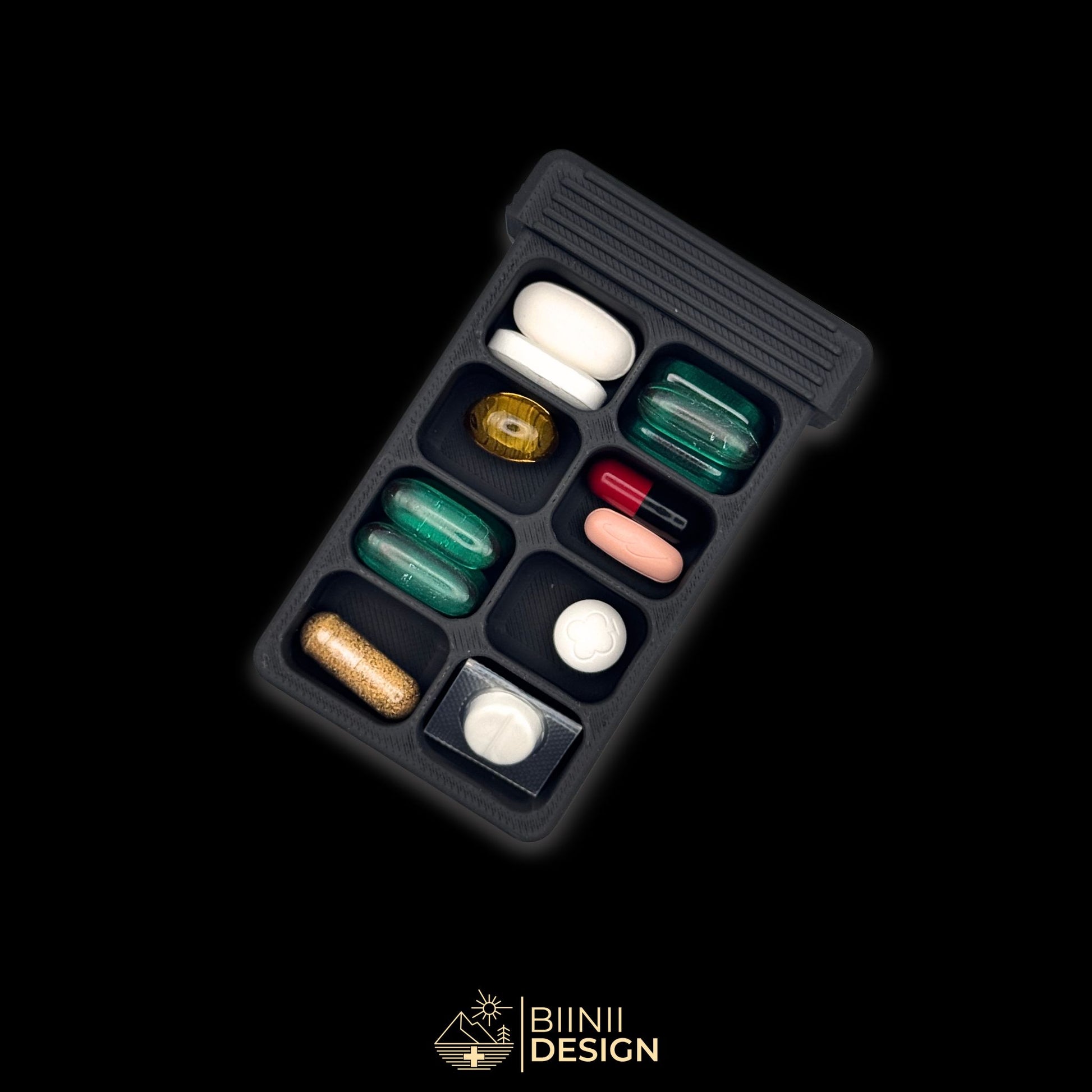 8-compartment artistic pillbox in matte black, designed for complex regimens, daily meds or full supplement routines.