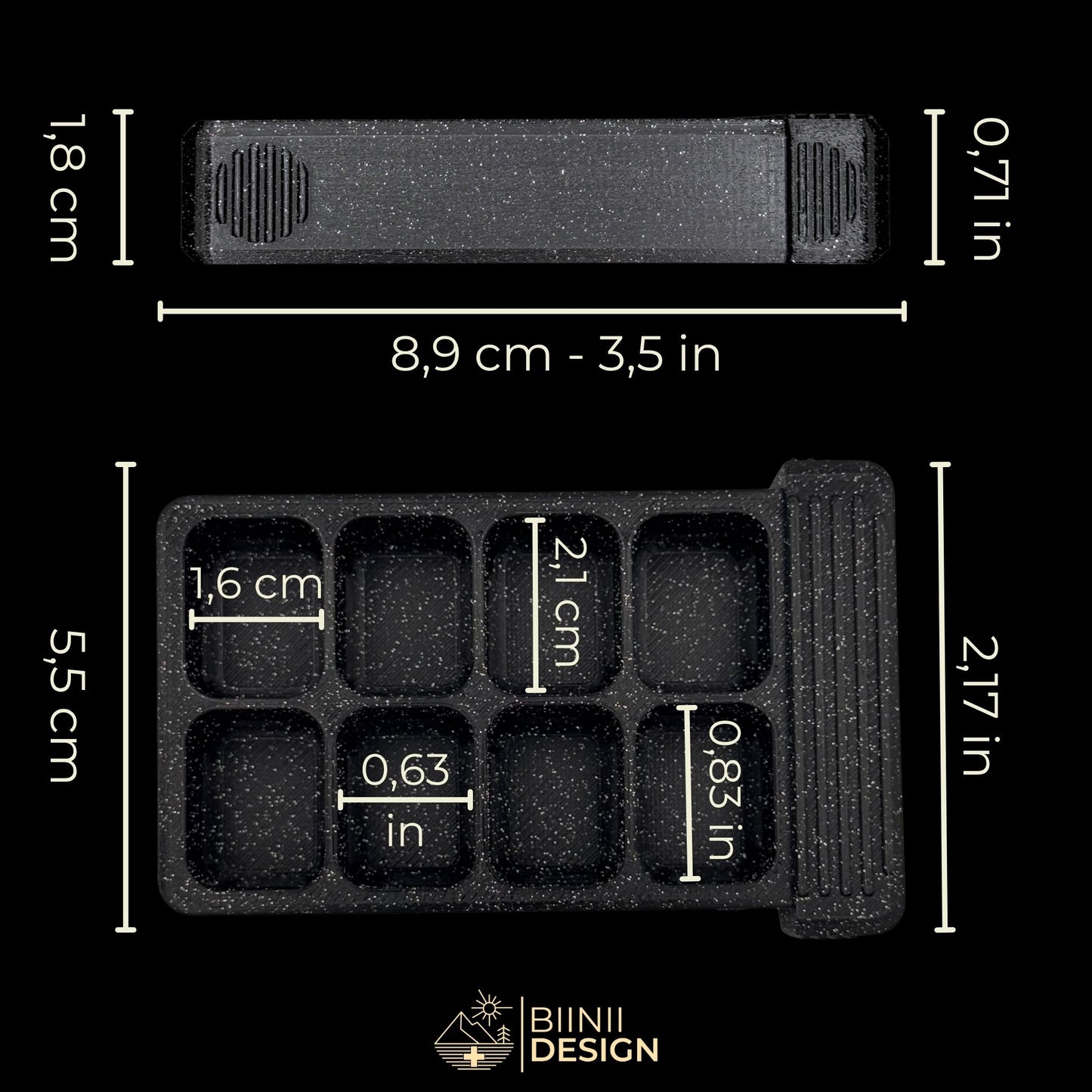 Dimensions of 8-compartment artistic pillbox in galaxy black — compact weekly organizer for daily meds and supplements.