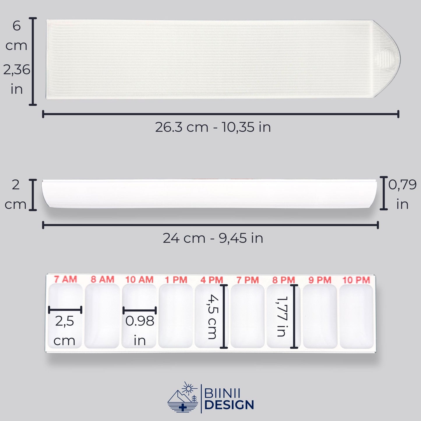 Swiss-made hourly pillbox with size reference in cm and inches, 3D-printed for precise daily medication routine.
Keywords : hourly pill organizer, pillbox dimensions, Swiss pill case, daily medication box