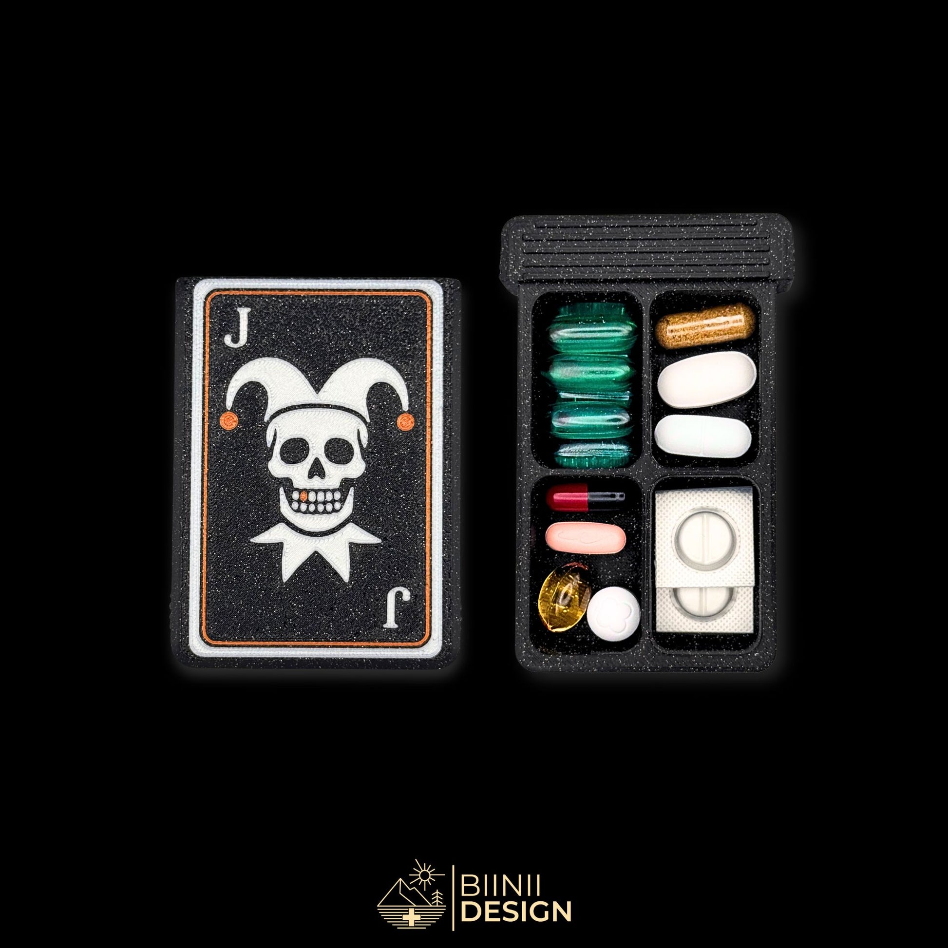4-compartment Joker pill organizer with skull playing card lid, copper tooth, galaxy black PLA, compact travel case for vitamins, meds, supplements. Keywords: pill organizer, 4 compartment pill box, gothic pill case, travel vitamin holder