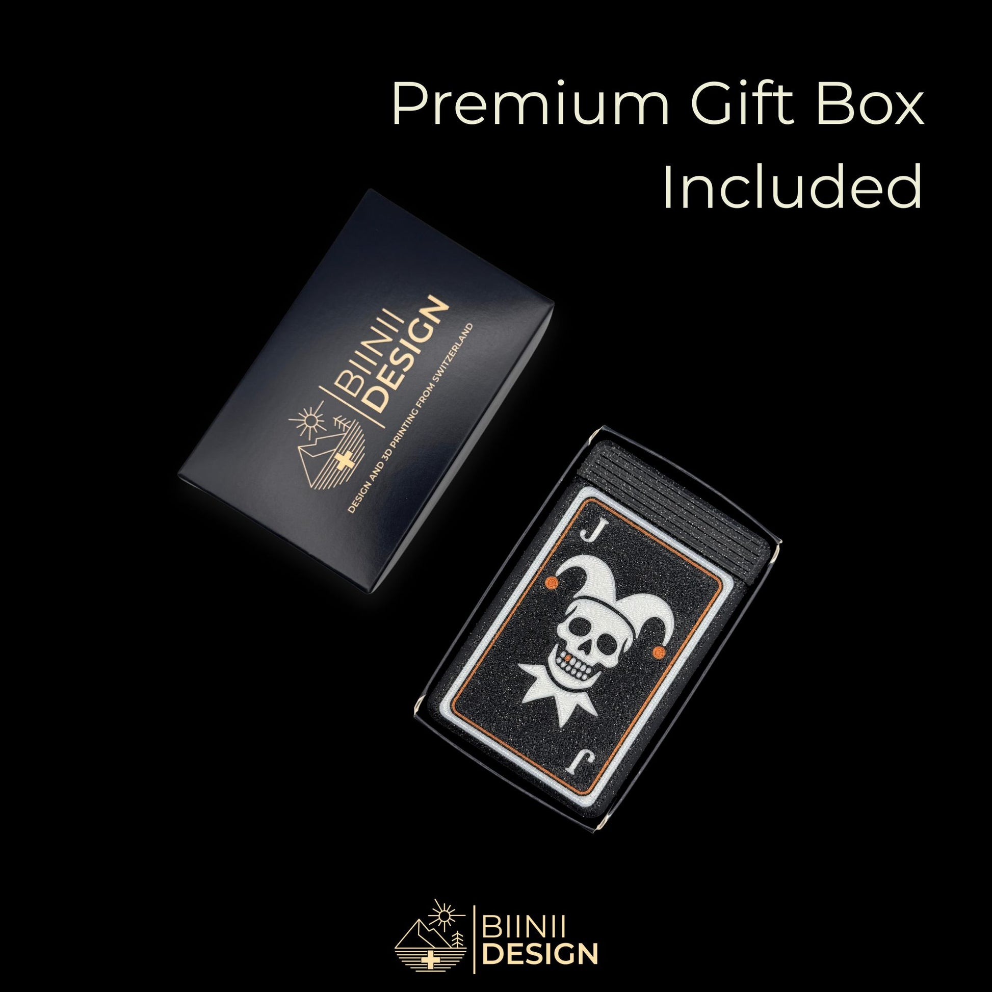 Premium gift box with Joker skull pill box, matte galaxy black, copper tooth, playing card design, perfect for gifting or personal pill organization. Keywords: pill box gift, gothic pill organizer, playing card pill case, premium pill holder