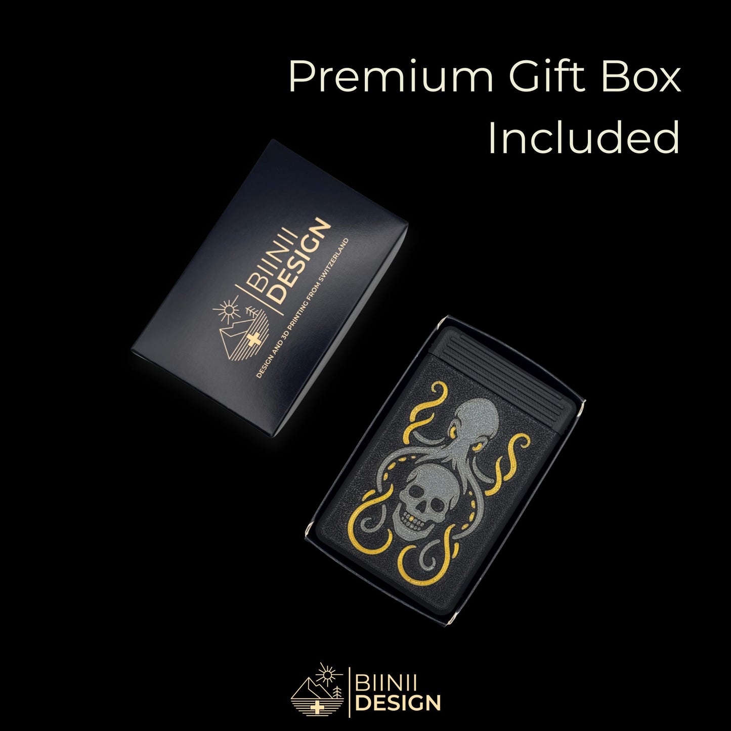 Kraken pill organizer in premium gift box, matte black PLA with silver sparkles and artistic skull-tentacle design. Swiss-made and gift-ready. Keywords: kraken pill box, premium gift pill organizer, Swiss design, matte black