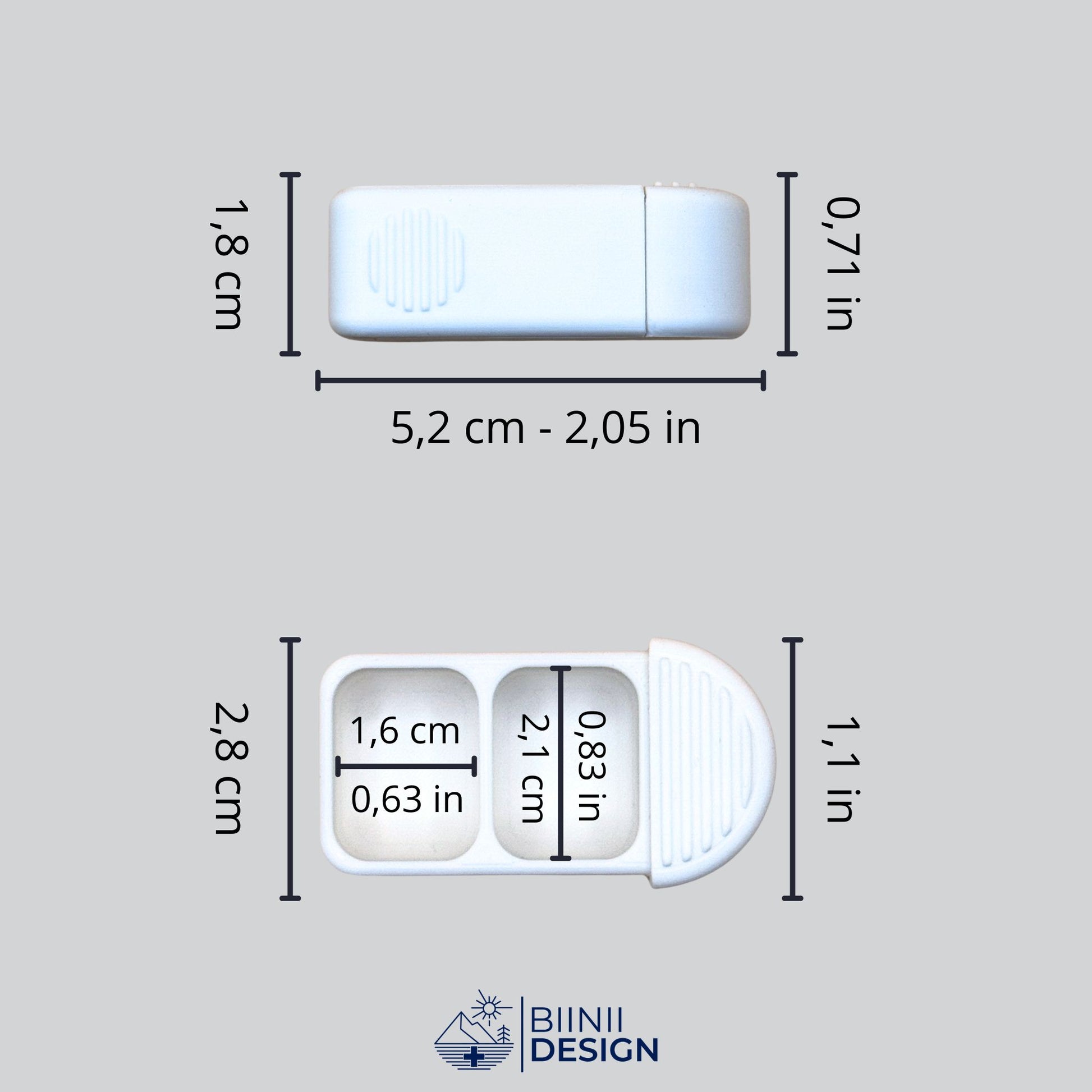 Detailed exterior and interior dimensions (CM and IN) of the Compact 2-Compartment Pill Organizer. Essential reference for the perfect mini travel fit.