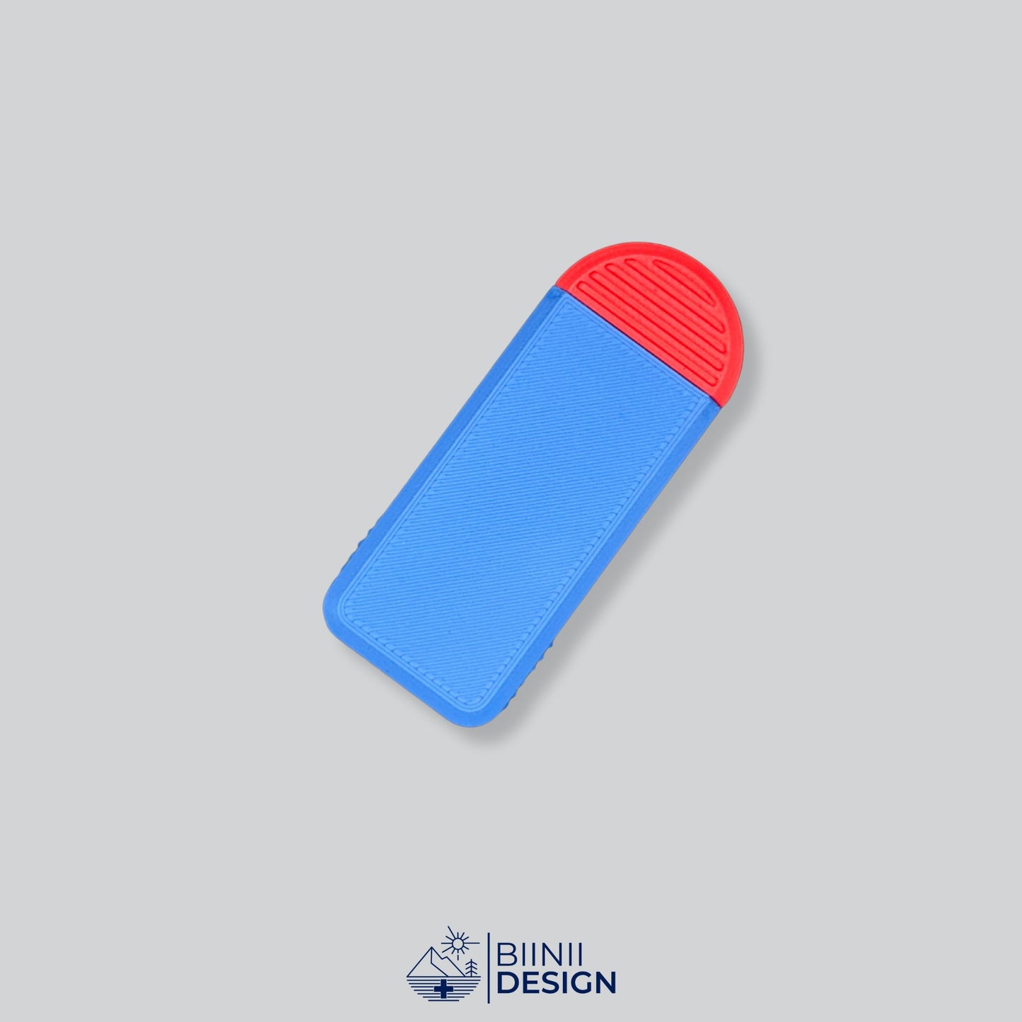 Blue/Red Two-Tone Mini Travel Pill Box for supplements, vitamins, or anti-allergics like Lactaid. Swiss crafted by Biinii Design.