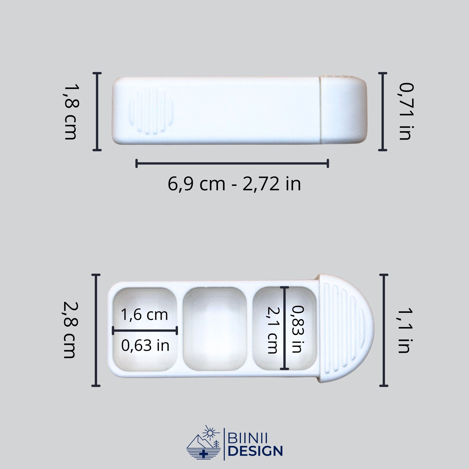Detailed exterior and interior dimensions (CM and IN) of the Compact 3-Compartment Pill Organizer. Essential reference for the perfect mini travel fit.