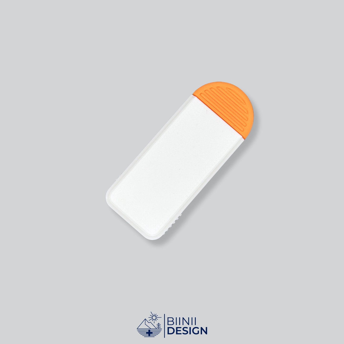 White/Orange Two-Tone Portable 3-Compartment Pill Organizer for medication storage. Discreet design fits easily in any purse or pocket.