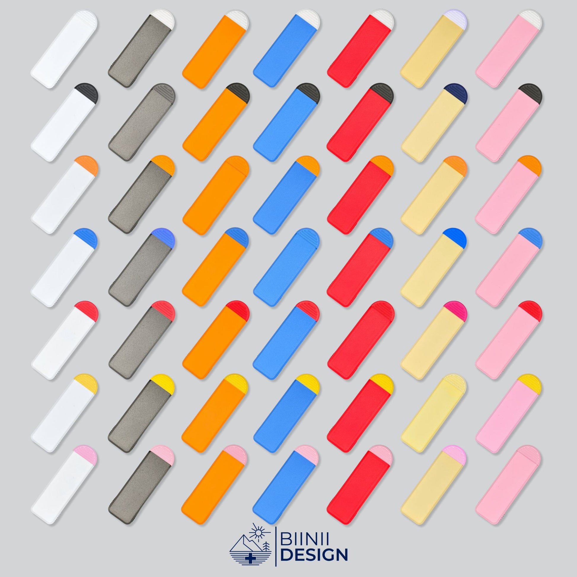 49 Color Combinations of the Compact 4-Compartment Pill Box. Mosaic photo showcasing all available designs. Emphasizes customization and wide selection. Swiss Design by Biinii Design.