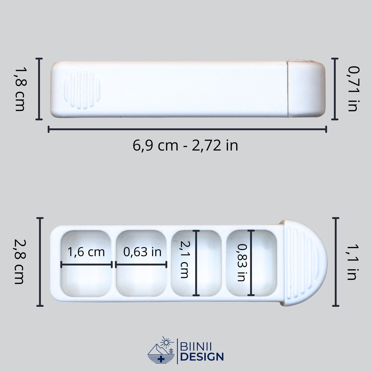 Detailed exterior and interior dimensions (CM and IN) of the Compact 4-Compartment Pill Organizer. Essential reference for the perfect mini travel fit.
