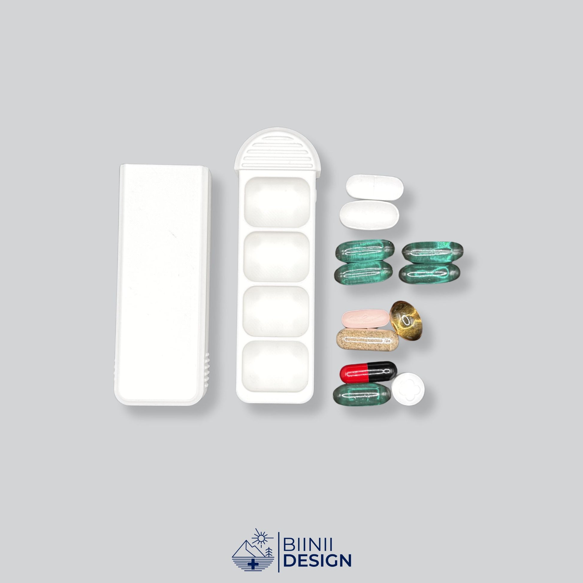 Compact 4-Compartment Pill Case (Monochrome White) shown open next to various medication and supplements (capsules, tablets, anti-allergics). Ideal for four daily dose planning and sorting.