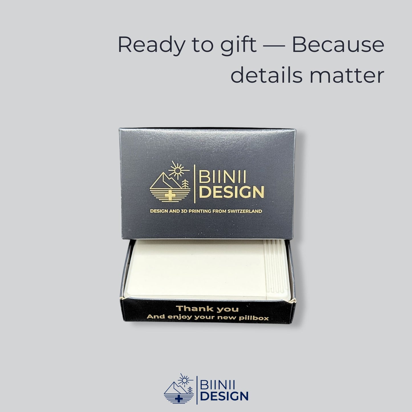 Double-row 4-compartment pill organizer presented in premium Biinii Design packaging, ready to gift, Swiss-made design by Biinii Design.