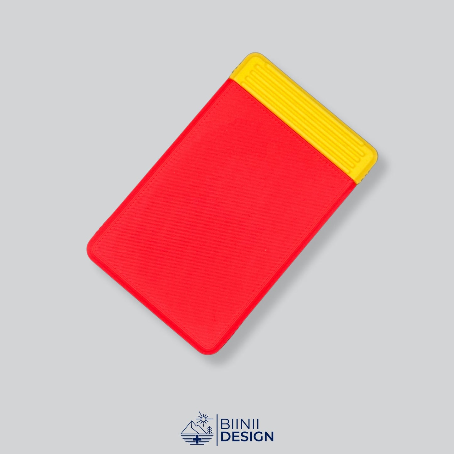 Red/Yellow two-tone portable 3D printed supplement case, ideal for vitamins and minerals and presented as a precision Swiss-made Biinii Design piece.