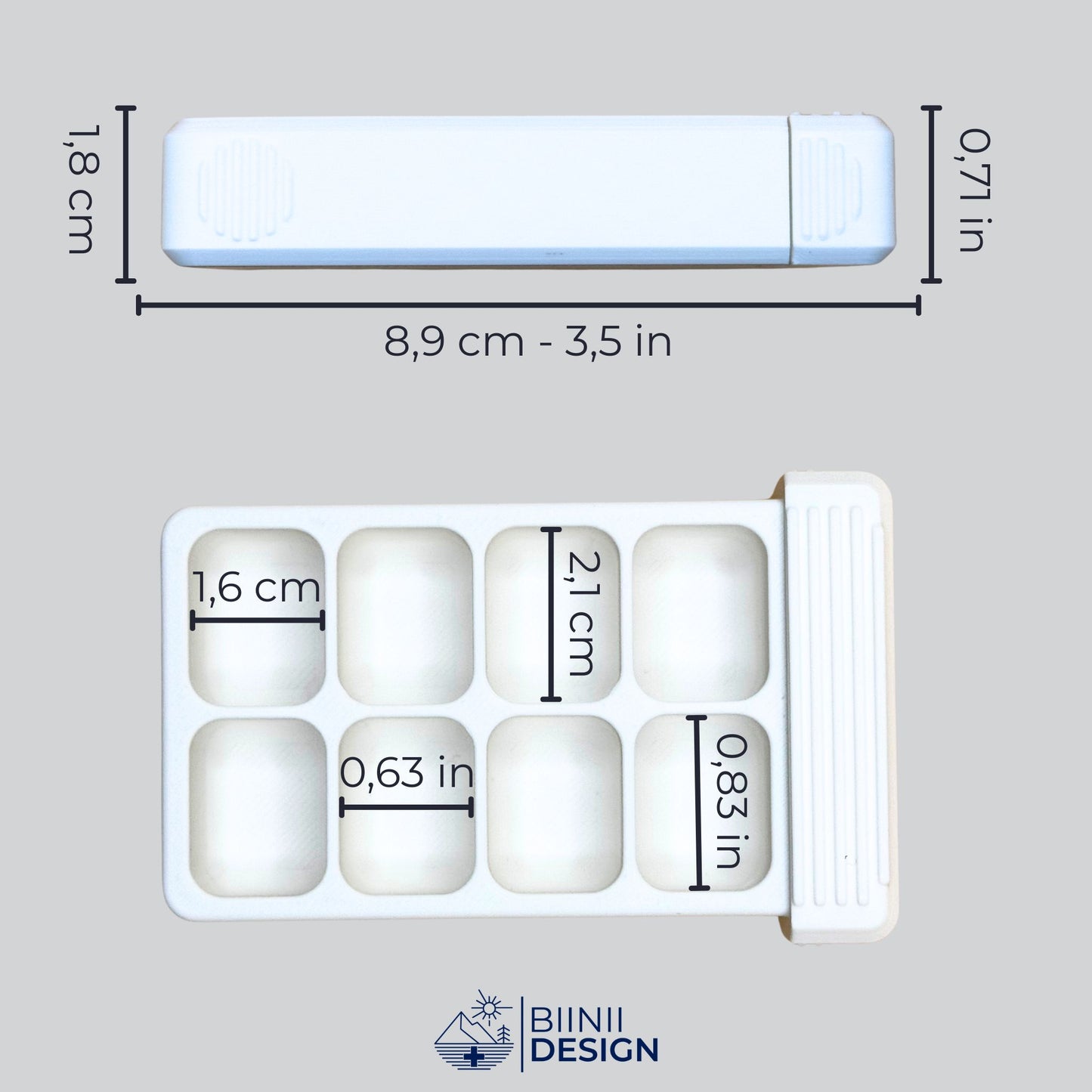 Dimensions guide for the 7-day compact pill organizer. Swiss-made premium daily medication box by Biinii Design.