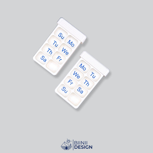 Dual row weekly pill box variants, showcasing the modular design. Compact 7-day pill case, 3D-printed in Switzerland for durability.