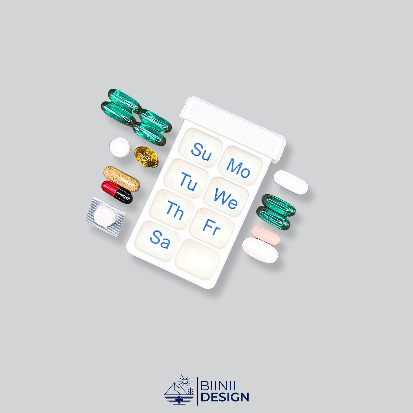 White 7-day pill case filled with various pills. Travel pill organizer with Sunday or Monday start, perfect for carrying supplements.