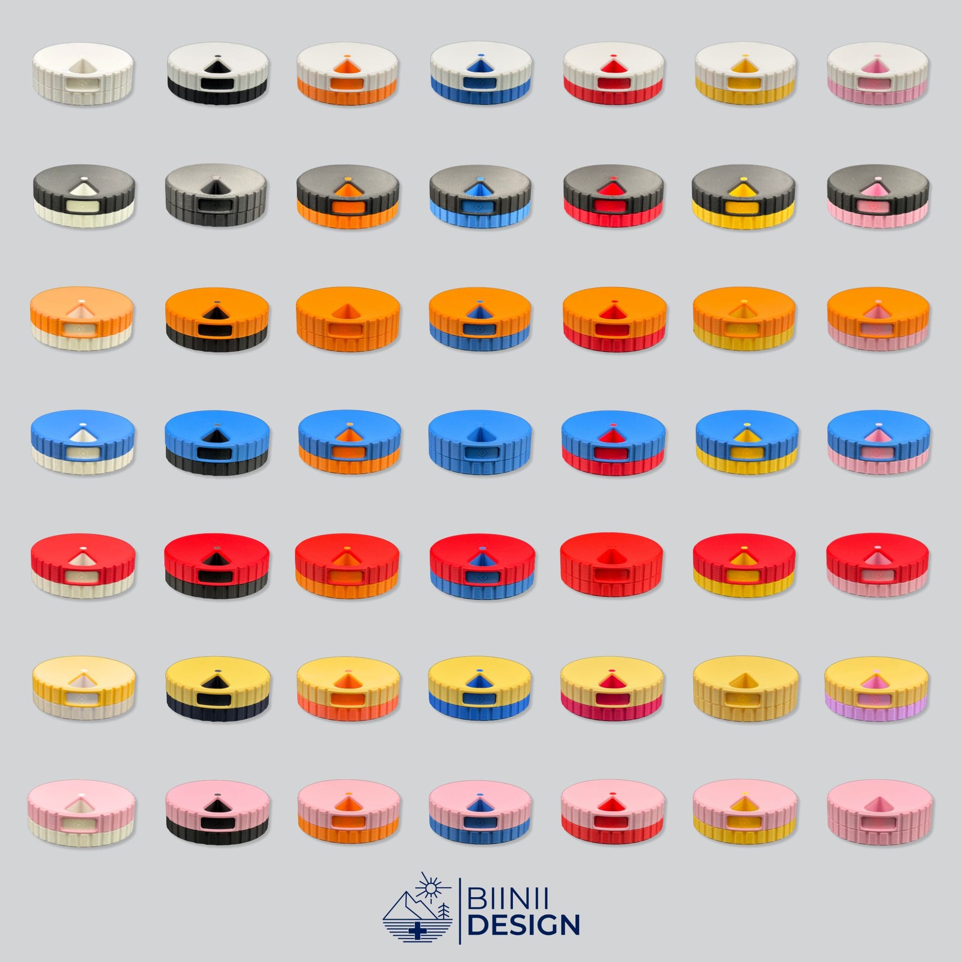 Full set of the round magnetic 7-day pill organizers, demonstrating the 49 available color combinations.