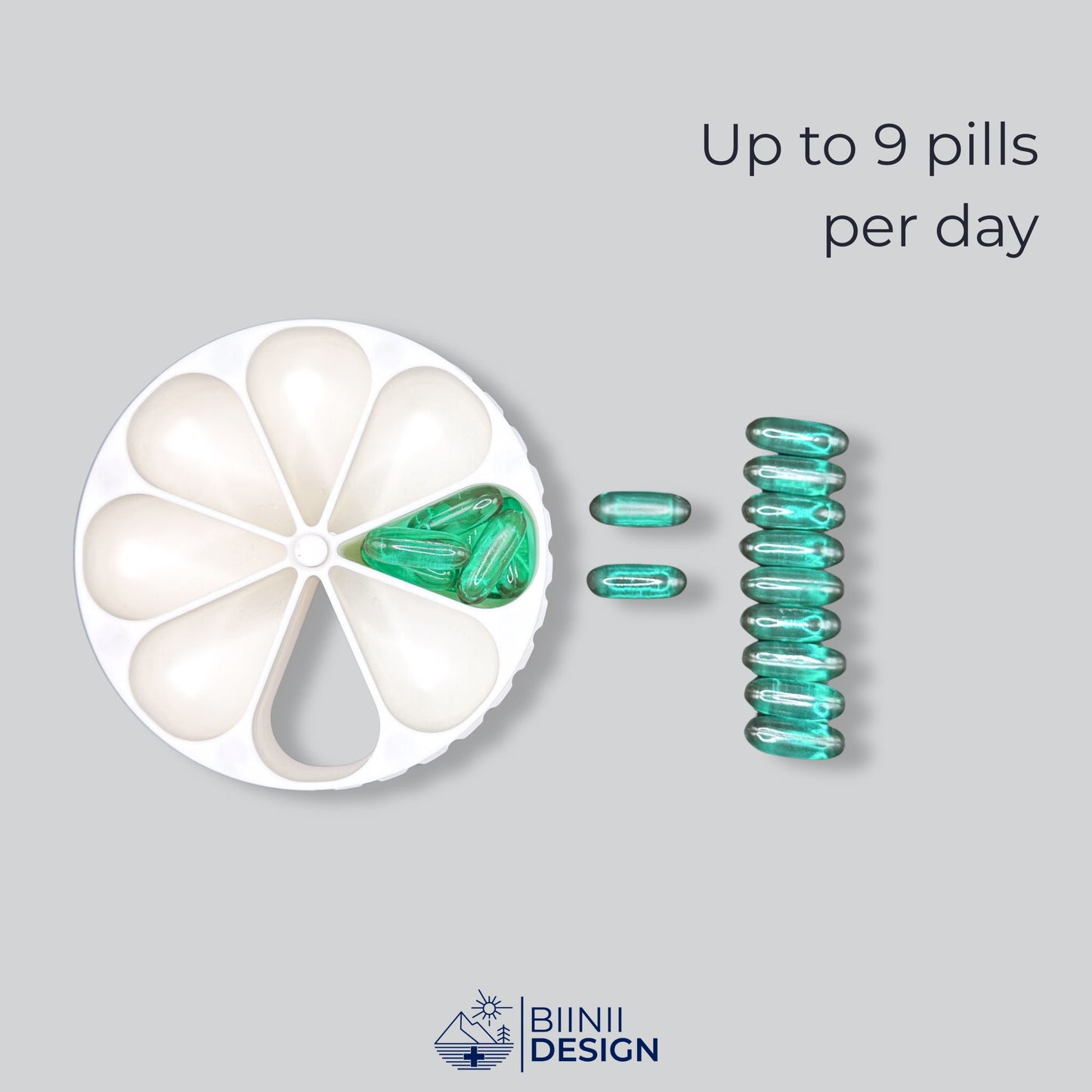 Monochrome white round magnetic pill organizer showing daily capacity for 9 pills.