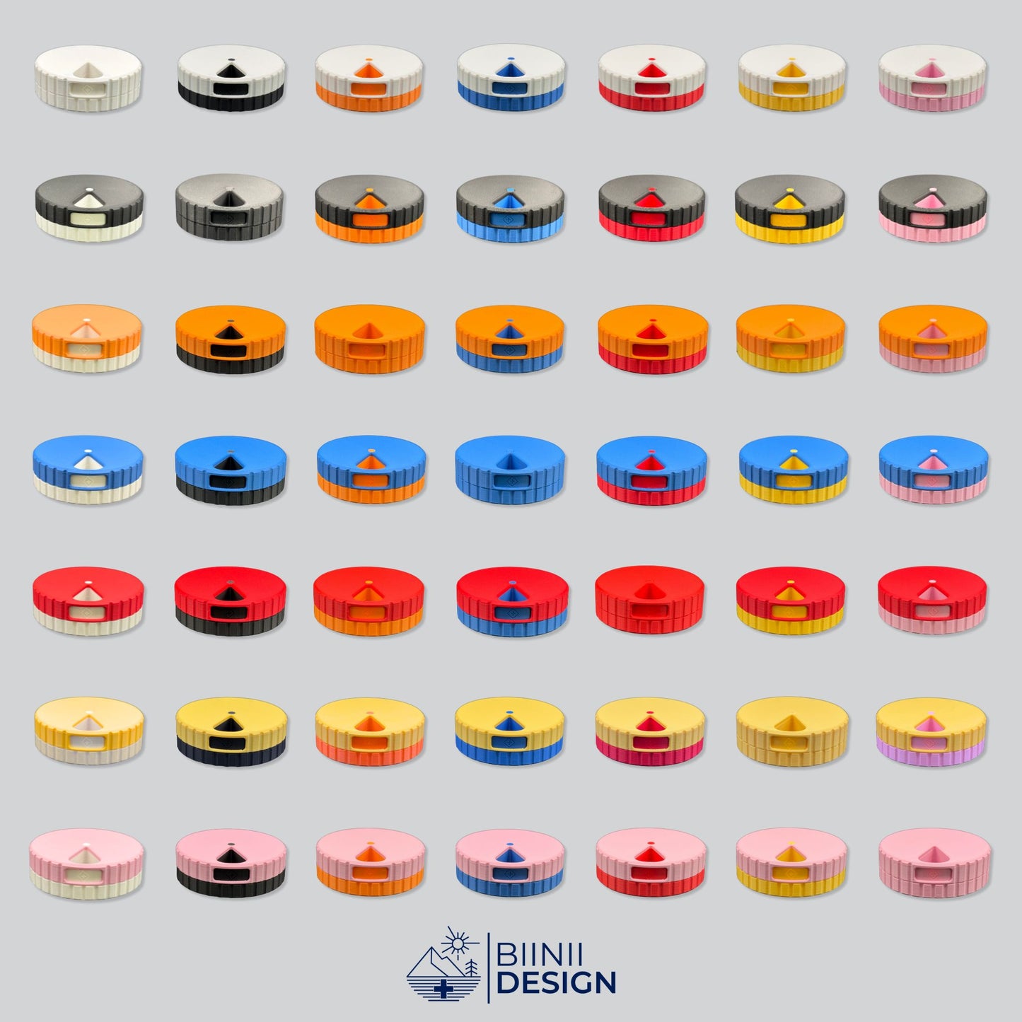 Full set of the round magnetic 7-day pill organizers, demonstrating the 49 available unique color combinations.