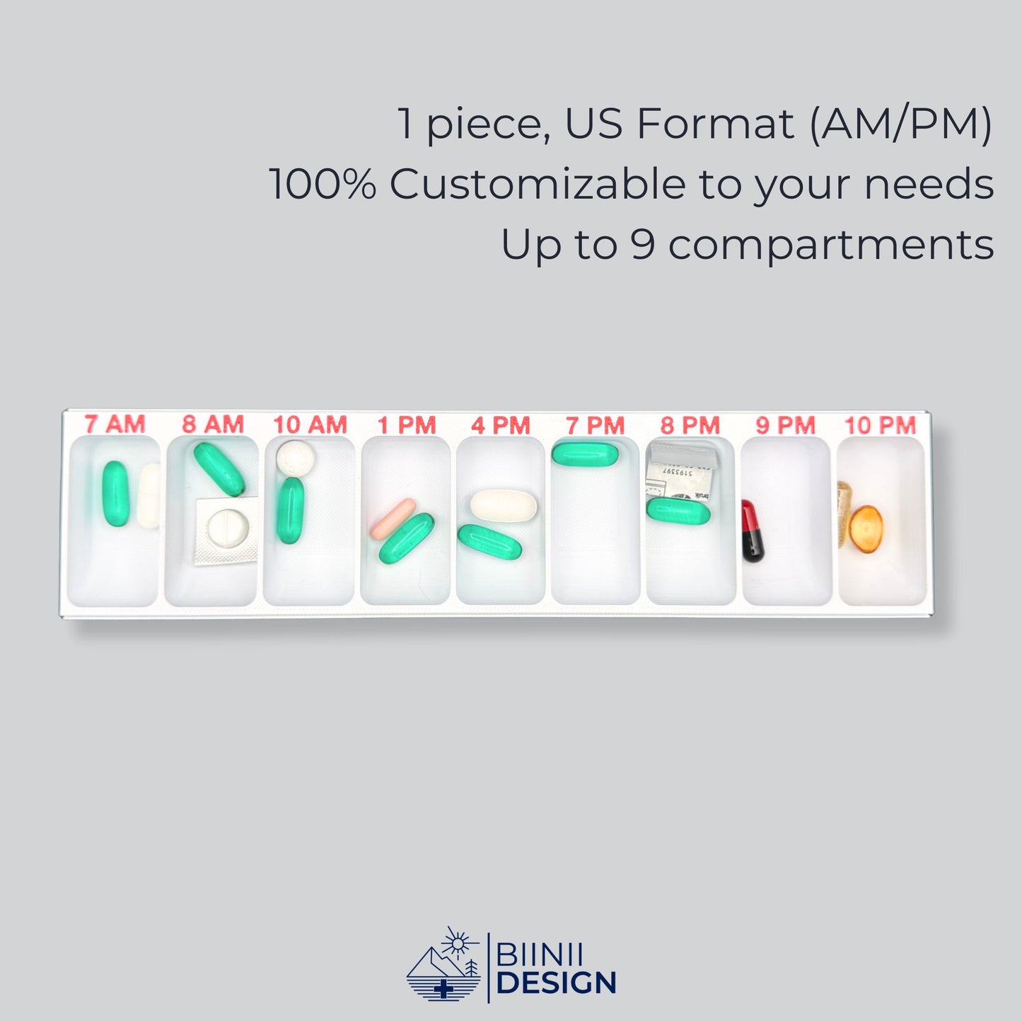 Single custom-made hourly pill organizer in US AM/PM format, offering up to 9 compartments for personalized medication or supplement schedules.