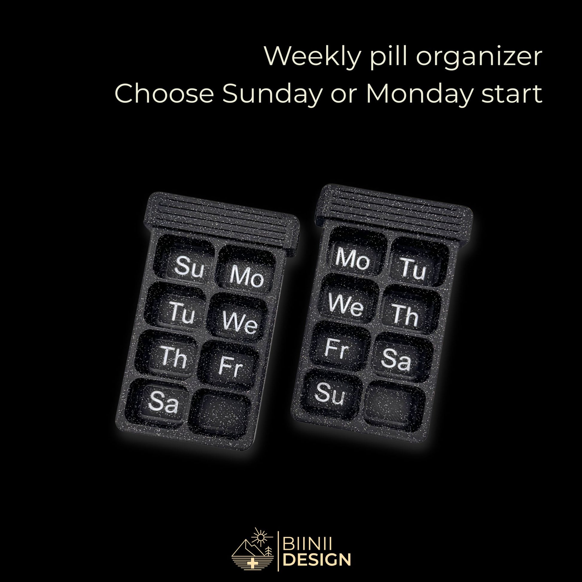 Illustration of empty 8 compartment weekly trays (EN Sunday/Monday start). Jester skull design with silver inscriptions.