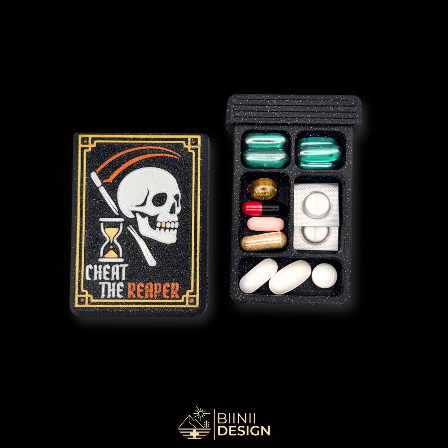 Cheat the Reaper cover next to 5 compartment tray. Filled with capsules. Versatile compact daily pill case.
