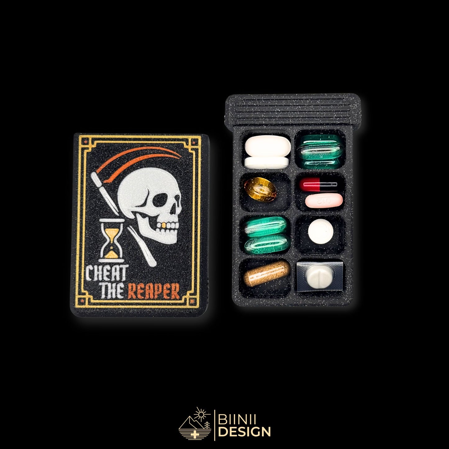 Cheat the Reaper cover beside 8-compartment weekly tray. Filled. Artistic pill organizer for extended medication or supplement plans.
