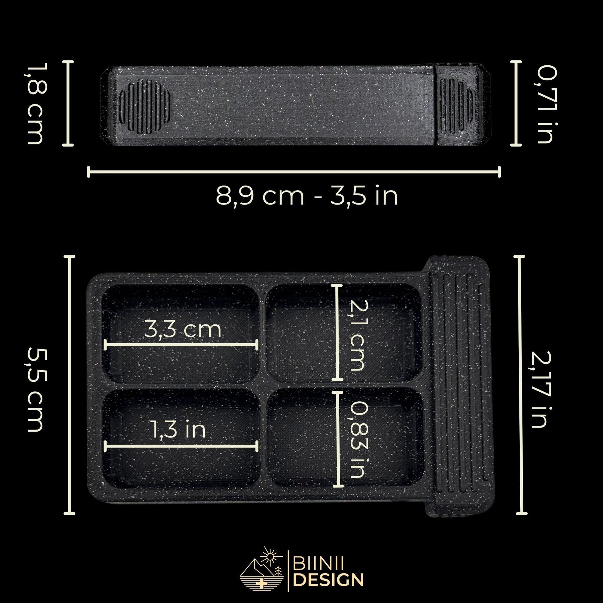 Dimensions (CM and IN) of the 4 compartment tray. Compact gothic pill organizer for daily use.