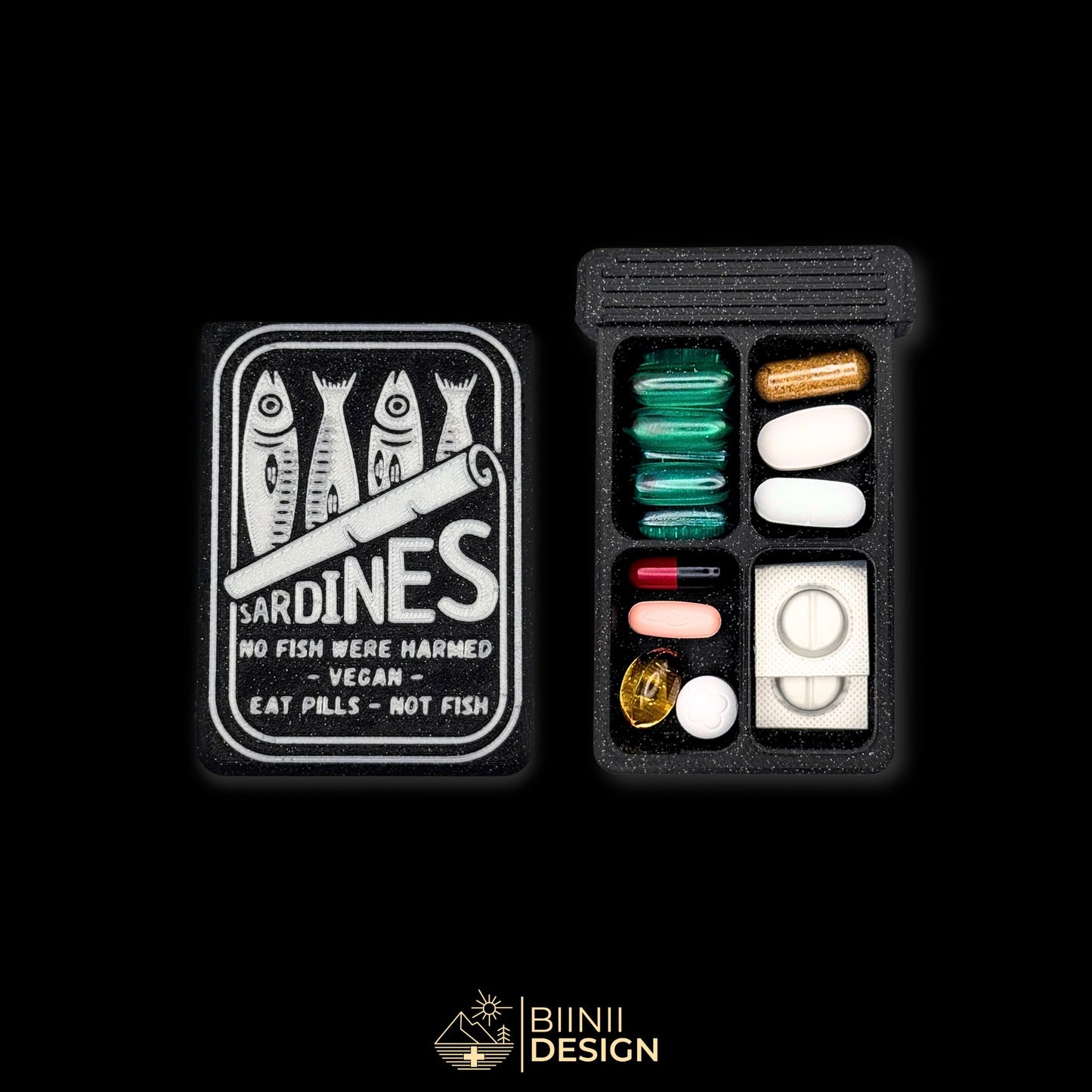 Sardines cover next to 4 compartment tray. Filled with assorted supplements. Unique humorous themed pill box.