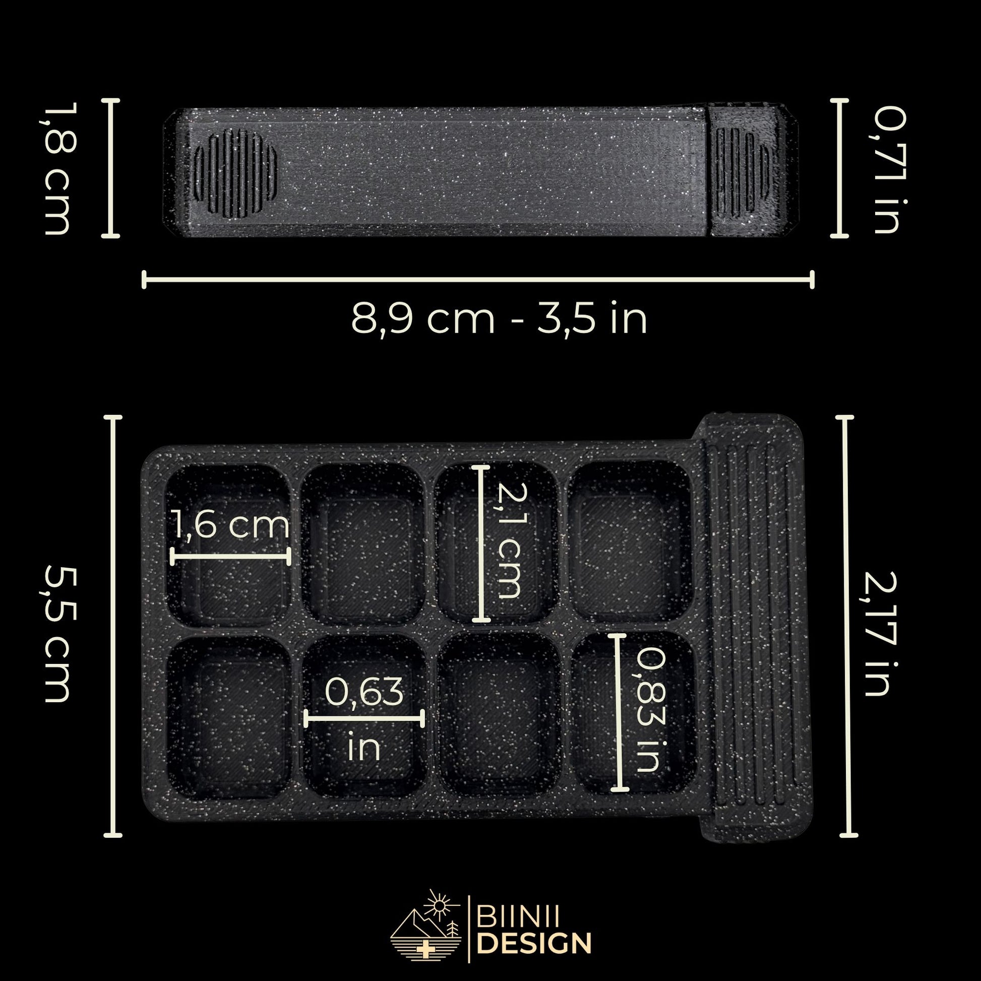 Dimensions (CM and IN) of the 8 compartment weekly-travel tray. Art pill organizer with Snake theme for multi-day use.