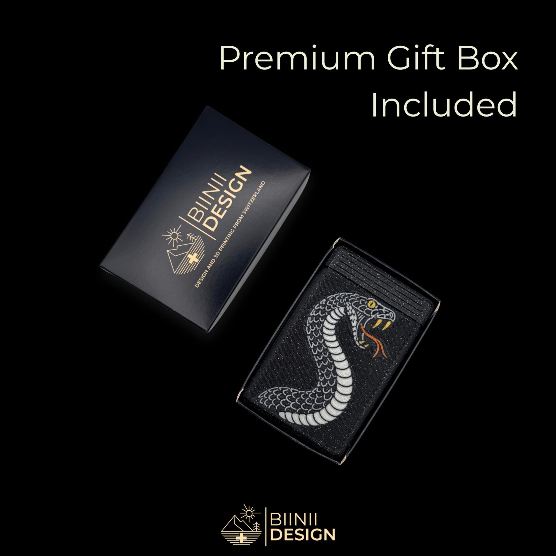 Snake artistic pill organizer inside its Premium Biinii Design gift box. Ready-to-offer custom packaging included.