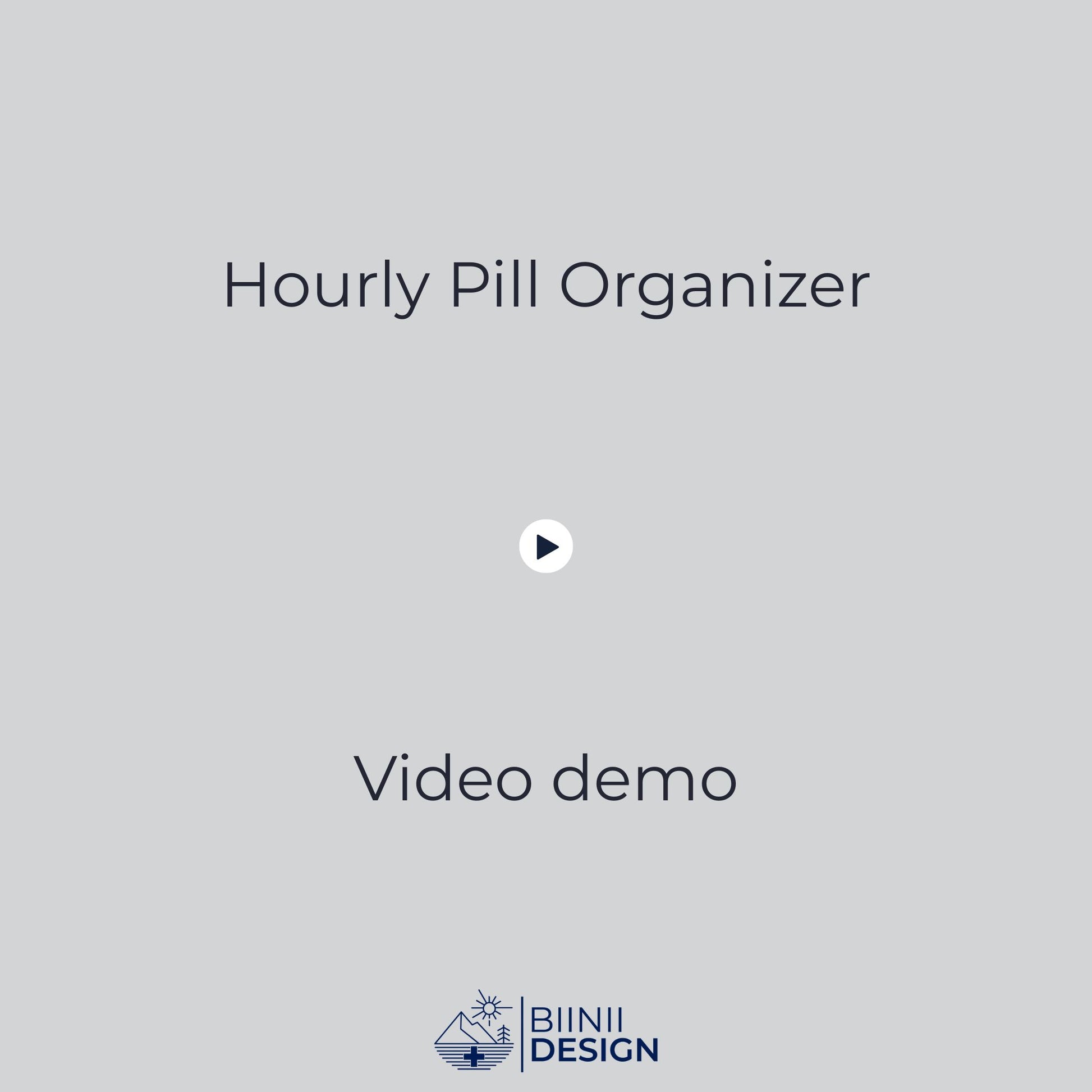 Demonstration video of the hourly pill organizer showing translucent lid, visual tracking of doses, and ergonomic handling for medication routines.