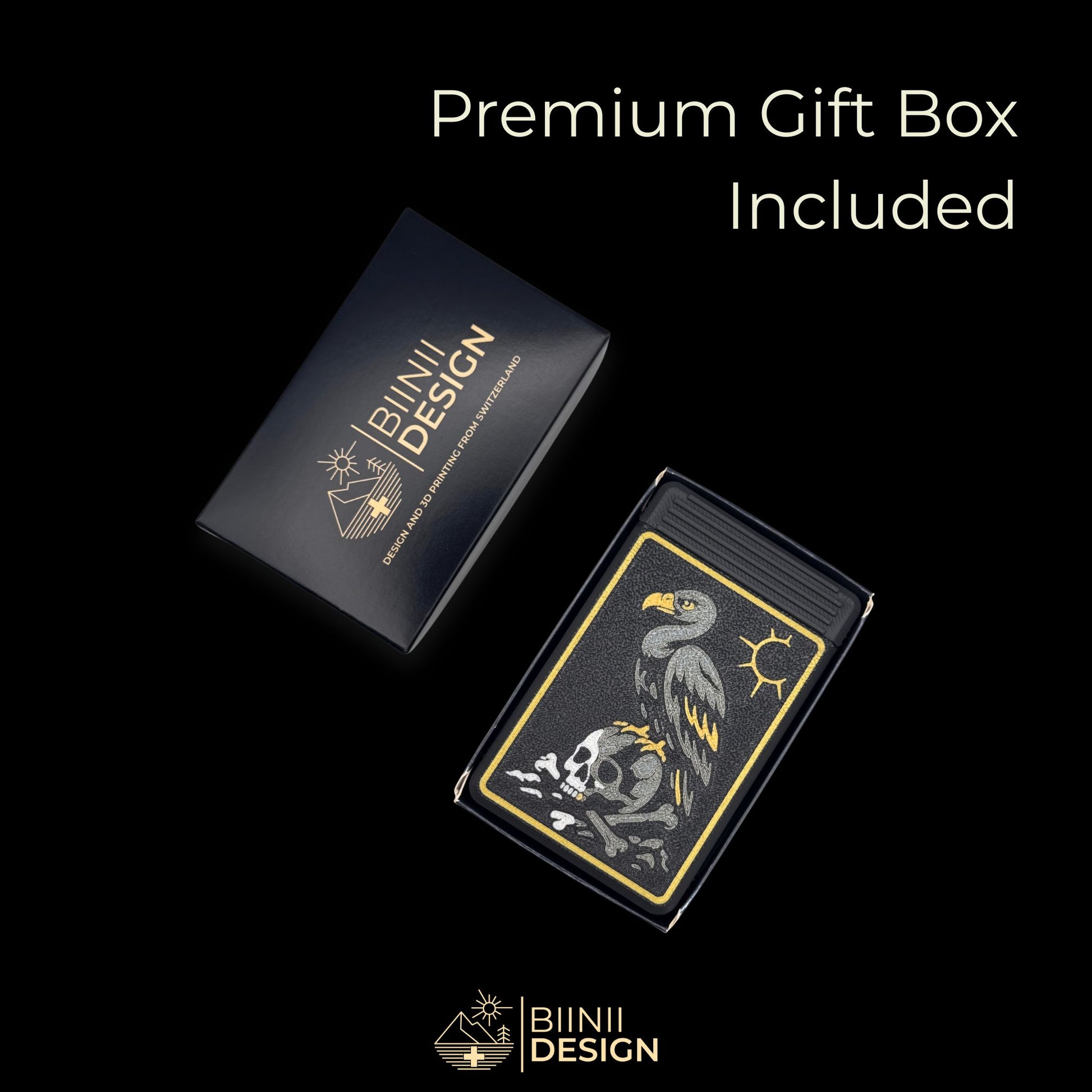 Matte black vulture pillbox presented in premium Biinii Design gift box — perfect gothic gift for pill or supplement users.