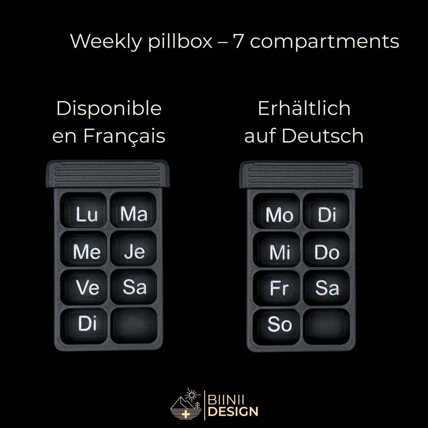Weekly pill organizer in matte black, 7 compartments with French and German weekday labels, Swiss-made design.
Keywords: pillbox, pill organizer, weekly pill case, compact