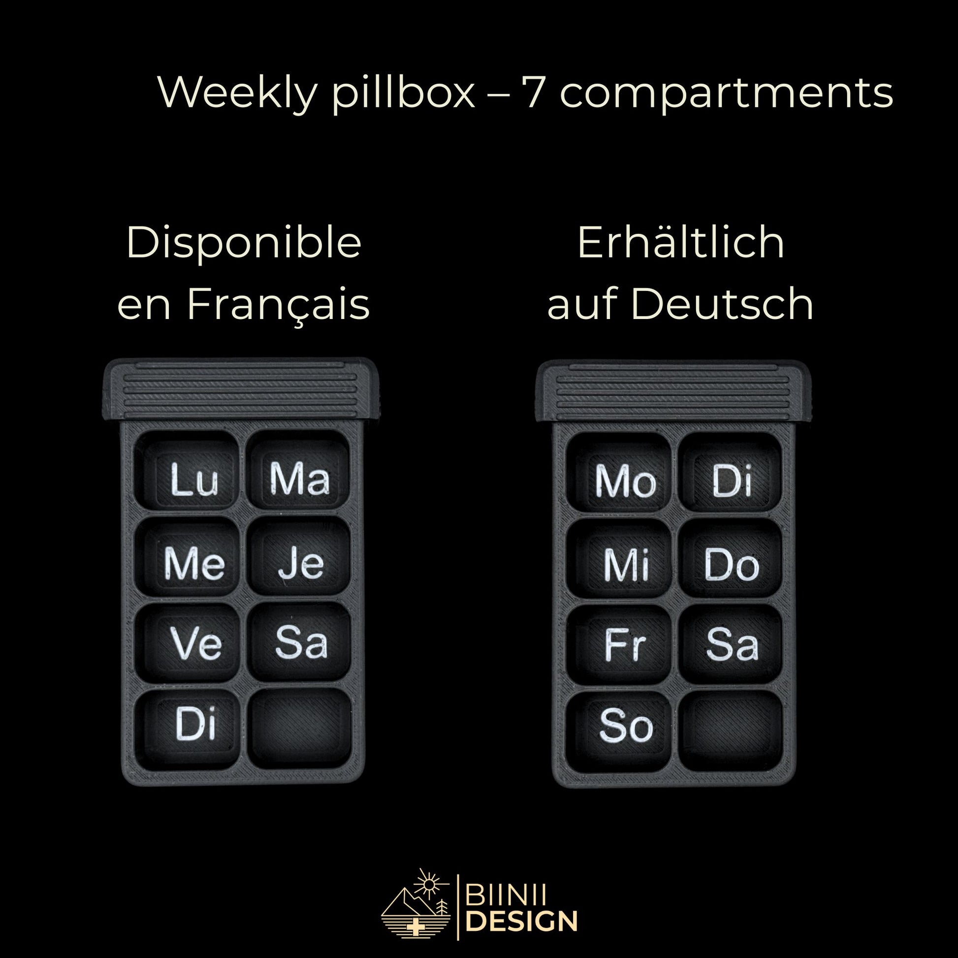 Weekly pill organizer in matte black, 7 compartments with French and German weekday labels, Swiss-made design.