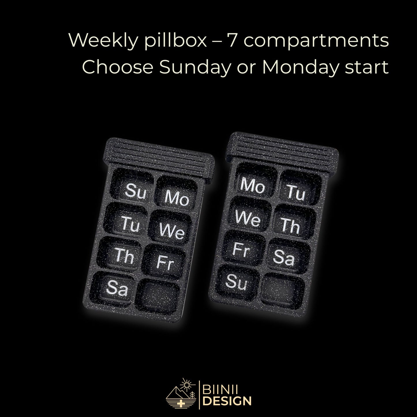 Weekly pill organizer with 7 compartments in galaxy black, showing the option to start on Sunday or Monday. Swiss-made compact case for vitamins or meds.