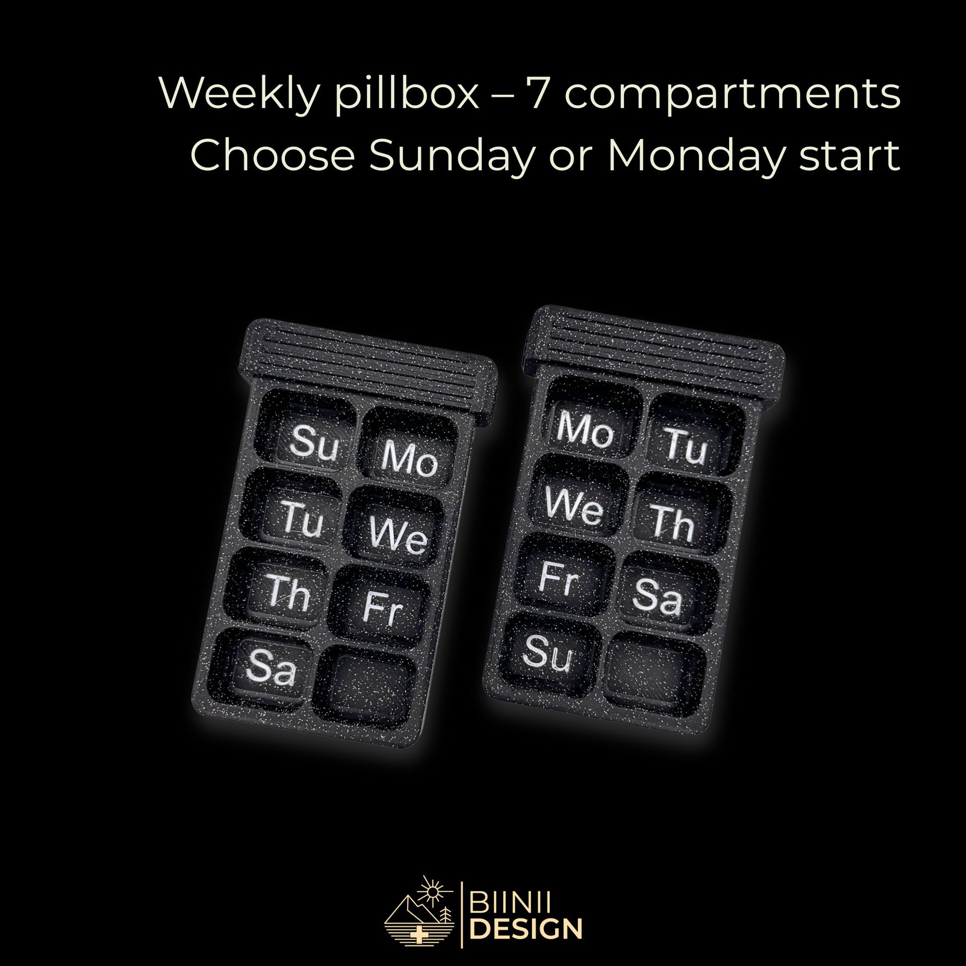 Weekly pill organizer with 7 compartments in galaxy black, showing the option to start on Sunday or Monday. Swiss-made compact case for vitamins or meds.