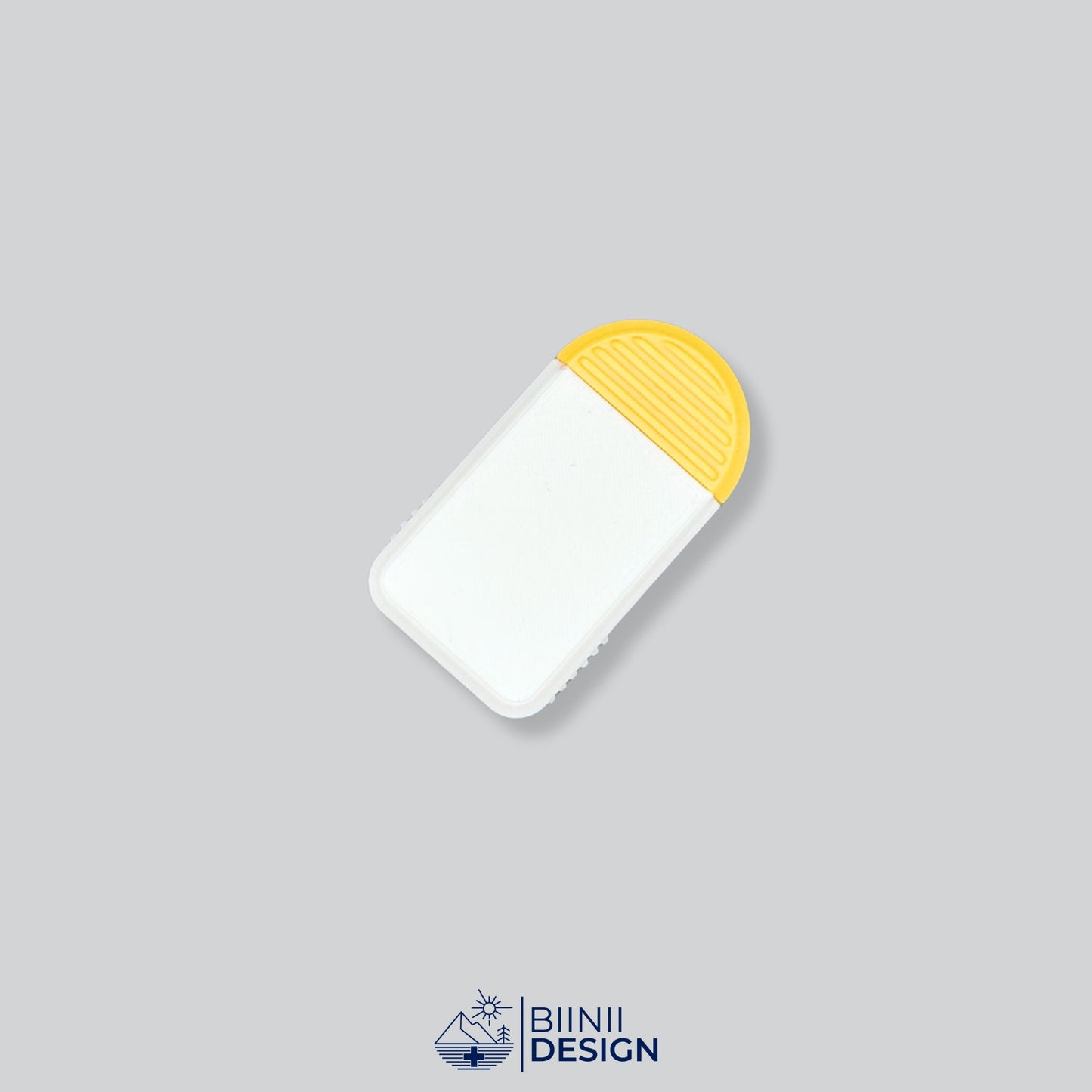 Cheerful white-and-yellow 2-compartment pill case, Swiss-made compact pillbox for vitamins, supplements or daily pills, portable organizer.
Keywords: pillbox, pill case, pill organizer, pill holder, daily pillbox
