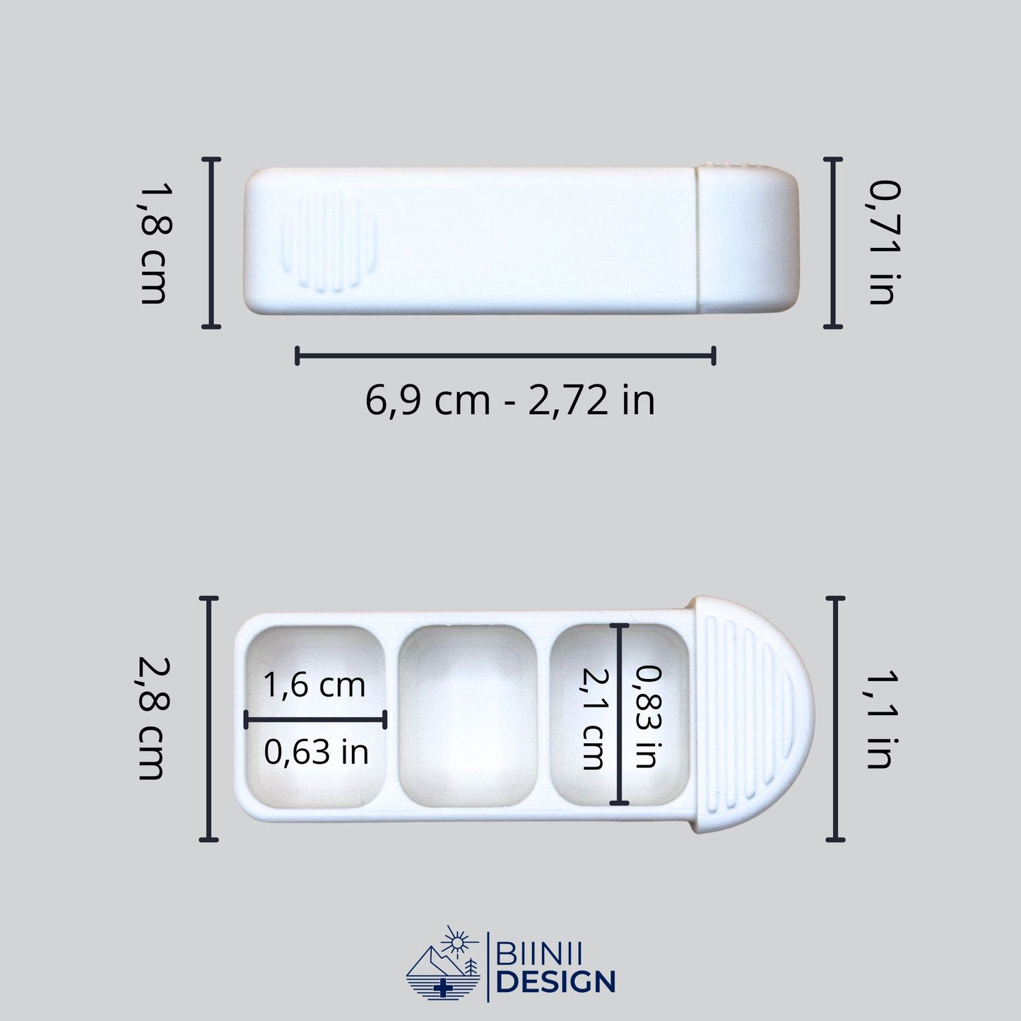 Dimensions of the 3-compartment pillbox in cm and inches — compact Swiss-made case with sliding lid for daily meds, vitamins or supplements.
Keywords: 3-compartment pillbox, pillbox dimensions, daily supplement organizer, compact pill holder, Swiss-made