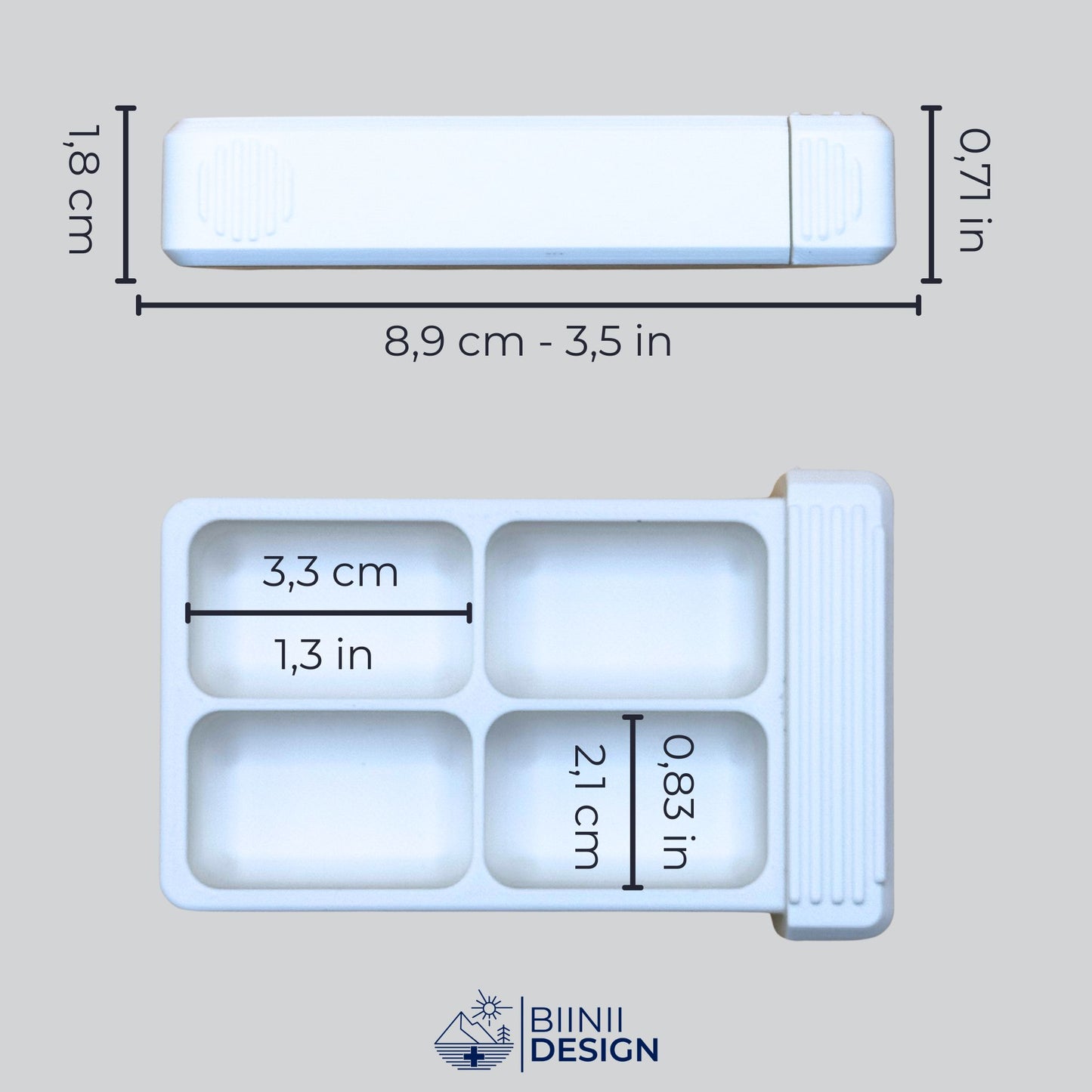Dimensions of the 4-compartment pillbox in cm and inches — Swiss-made compact daily case with sliding lid for supplements or meds.
Keywords: 4-compartment pillbox, pillbox dimensions, daily pill case, Swiss-made supplement organizer