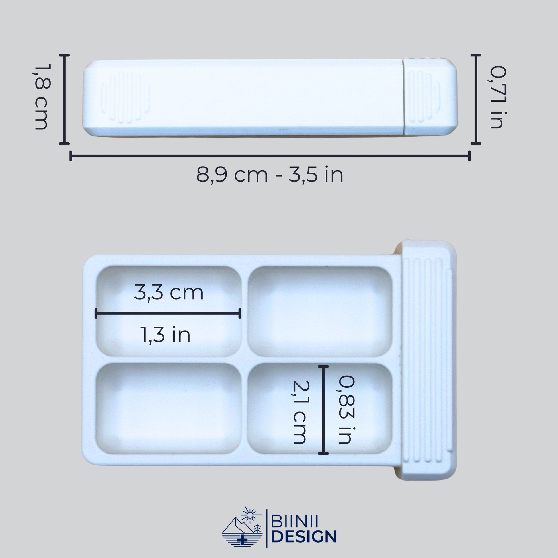 Dimensions of the 4-compartment pillbox in cm and inches — Swiss-made compact daily case with sliding lid for supplements or meds.
Keywords: 4-compartment pillbox, pillbox dimensions, daily pill case, Swiss-made supplement organizer