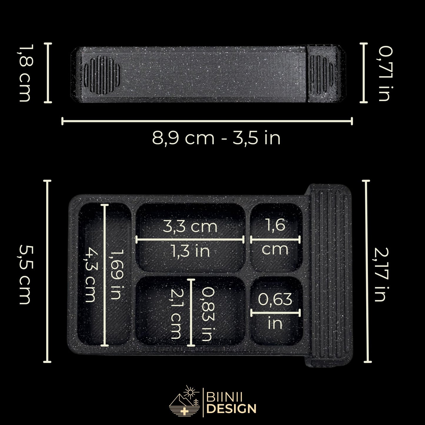 Dimensions of 5-compartment artistic pillbox in galaxy black — travel-ready case for supplements, vitamins, or medication.
Keywords: 5-compartment pillbox size, galaxy black pill organizer, compact pillbox, daily vitamin case