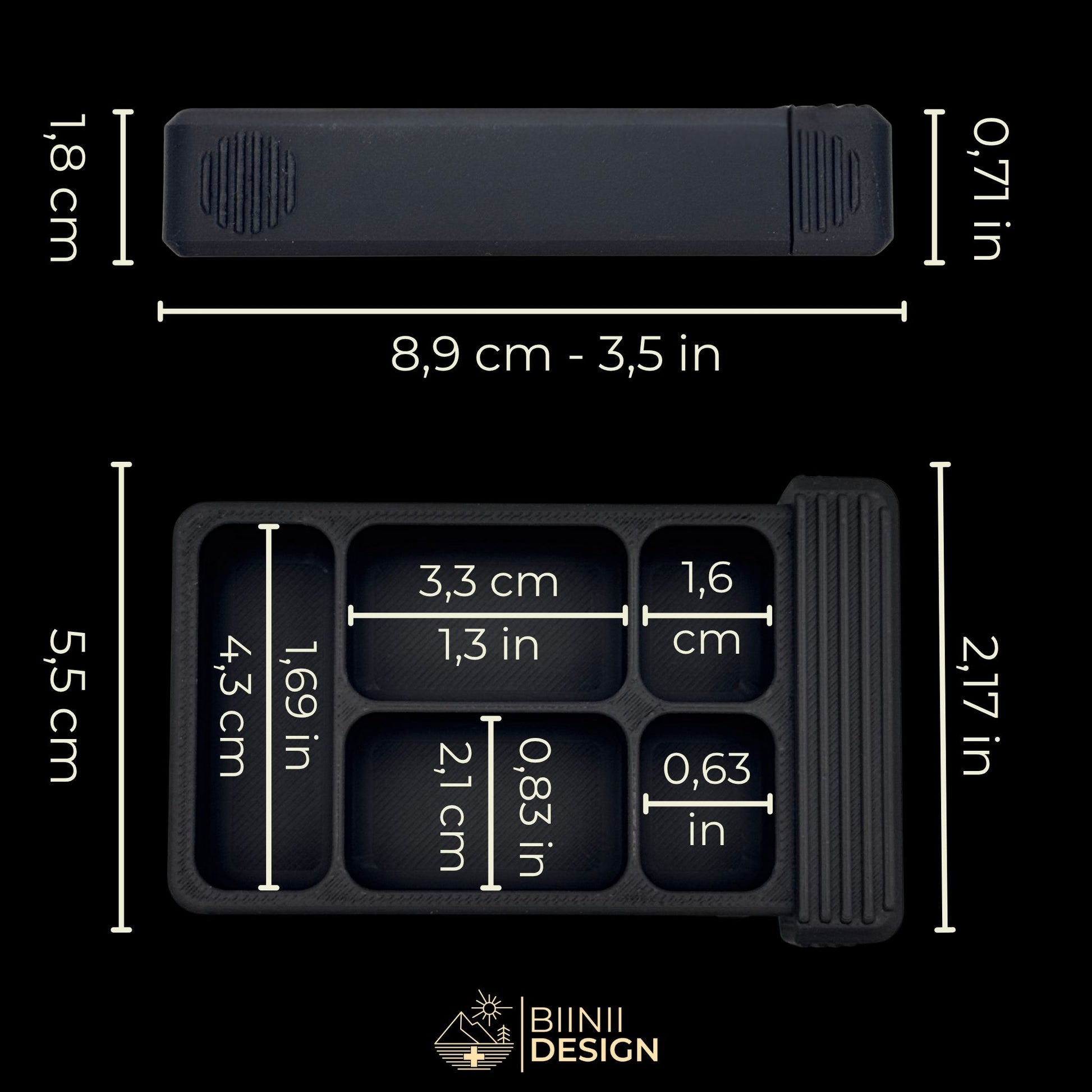 Size guide for 5-compartment matte black pillbox. Balanced format for supplements and daily med planning.
Keywords: 5 compartments, matte black pill case, pillbox size reference, Biinii Design