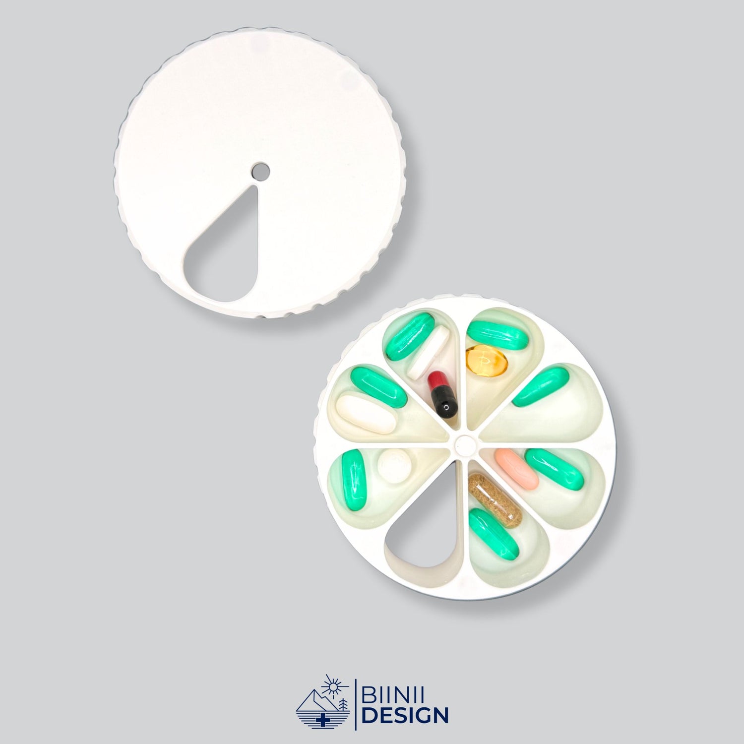 Weekly pill organizer open with visible compartments filled with assorted pills and capsules — intuitive layout for daily supplements or medication.
Keywords: weekly pill organizer, pill case with compartments, vitamin holder, 3D printed pillbox