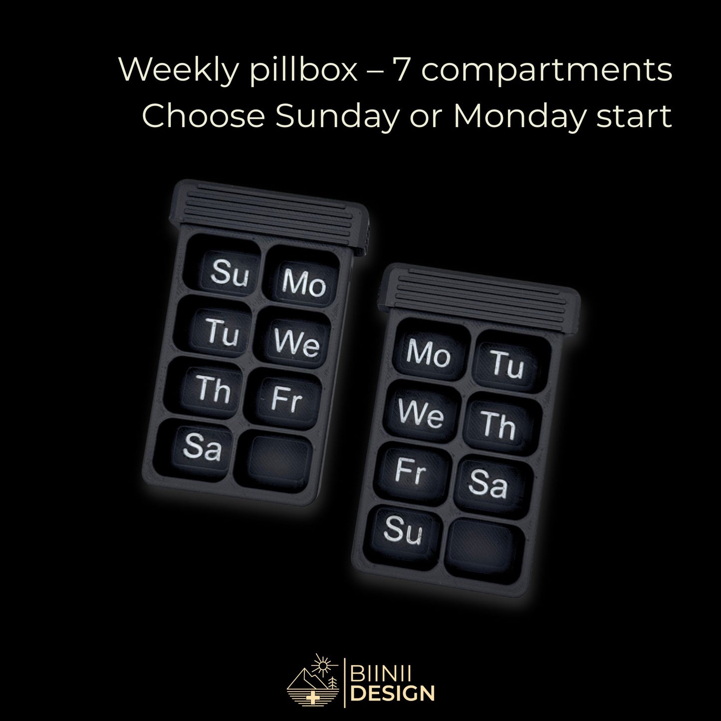 Matte black weekly pillbox with 8 compartments, shown with Sunday and Monday start options. Compact, clear and versatile.
Keywords: weekly pillbox, matte black pill case, 8 compartments, Sunday Monday start, travel pill organizer