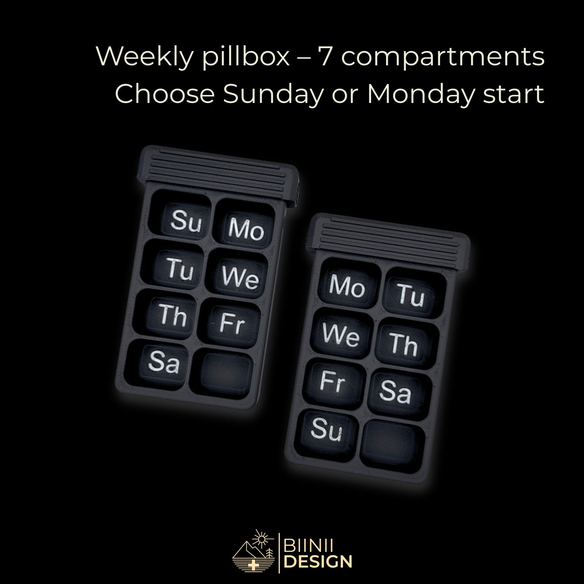 Matte black weekly pillbox with 8 compartments, shown with Sunday and Monday start options. Compact, clear and versatile.
Keywords: weekly pillbox, matte black pill case, 8 compartments, Sunday Monday start, travel pill organizer