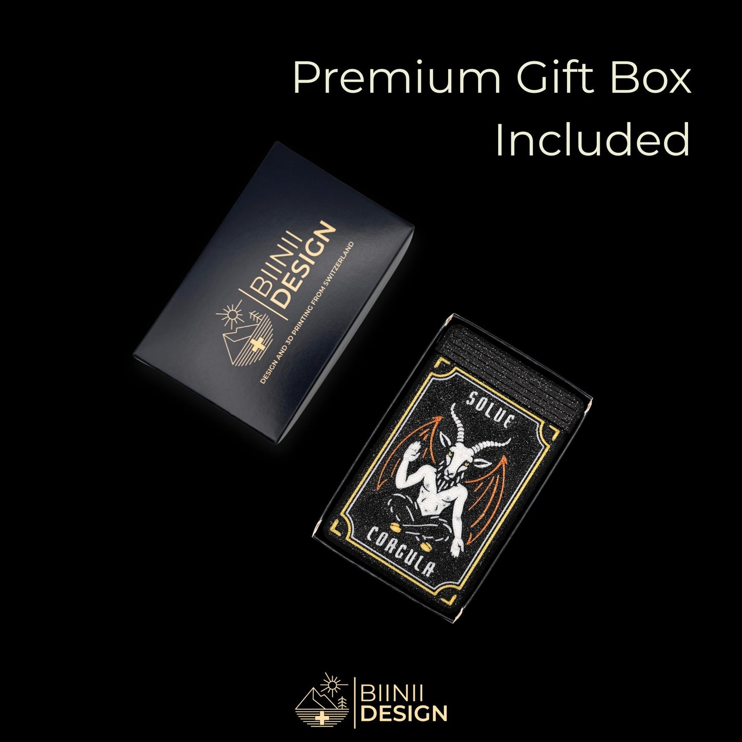 Baphomet pillbox in premium Biinii Design gift box, gothic chic Swiss-made organizer, collectible and ready to gift.